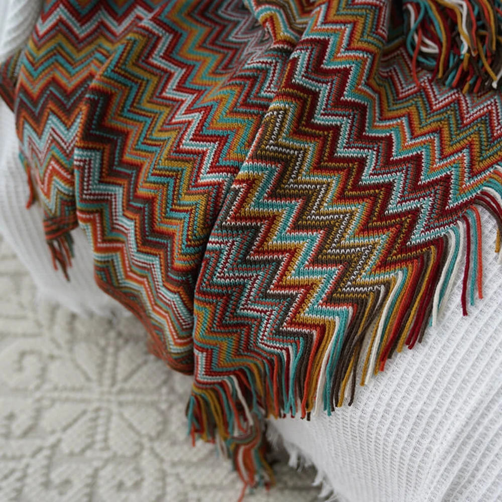 Multicolor Zigzag Tasseled Knit Throw by Casa & Beyond