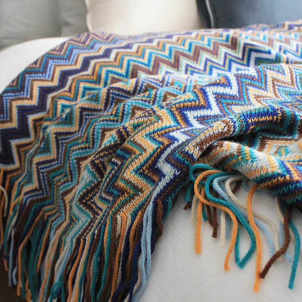 Multicolor Zigzag Tasseled Knit Throw by Casa & Beyond