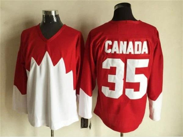 1972 Summit Series Team Canada #35 Tony Esposito Red CCM Vintage Hockey Jersey by Hockey David