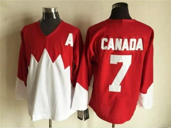 1972 Summit Series Team Canada #7 Phil Esposito Red CCM Vintage Hockey Jersey by Hockey David