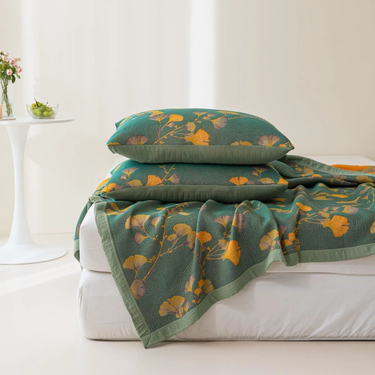 Jacquard Floral Ginkgo Leaves Reversible Coverlet by Casa & Beyond