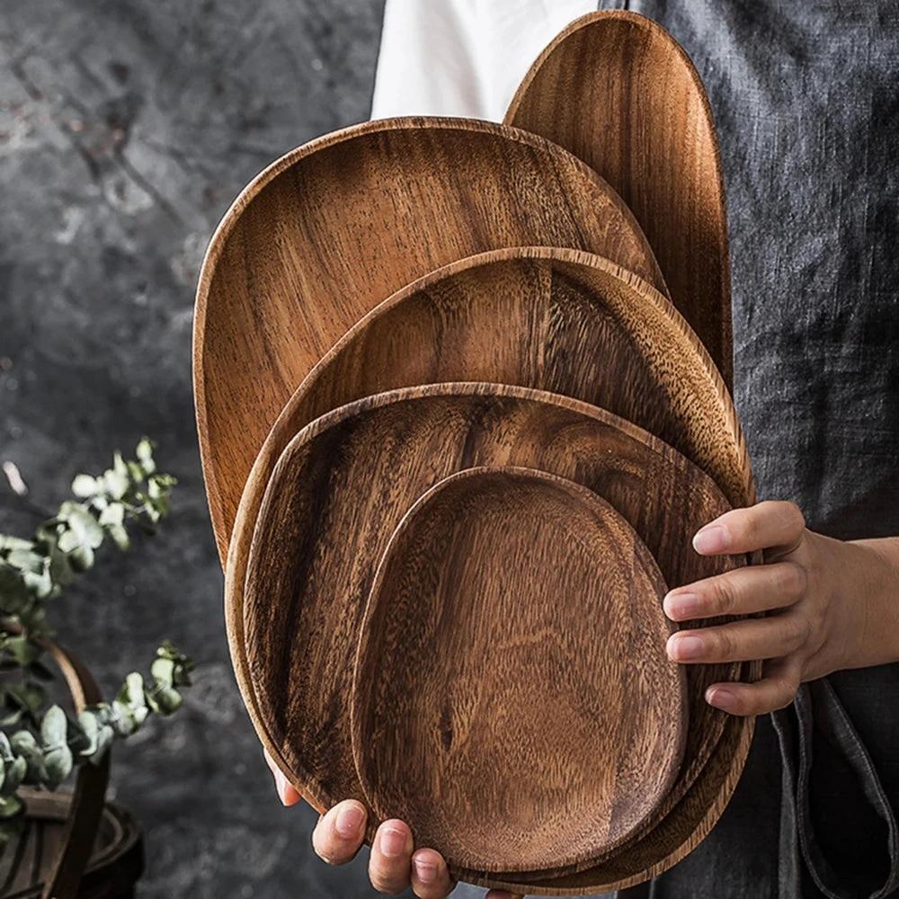 Oval Shaped Acacia Wood Serving Trays Set by Casa & Beyond