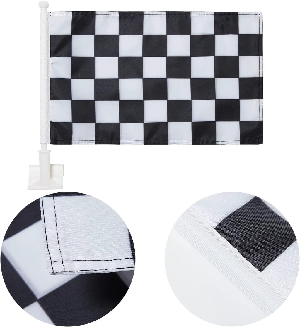 Black & White Checkered Flag Car Window Flag Racing Flag 11X18 Inch(28x46cm) 100% Polyester, Strong White Flagpole by flagsshop