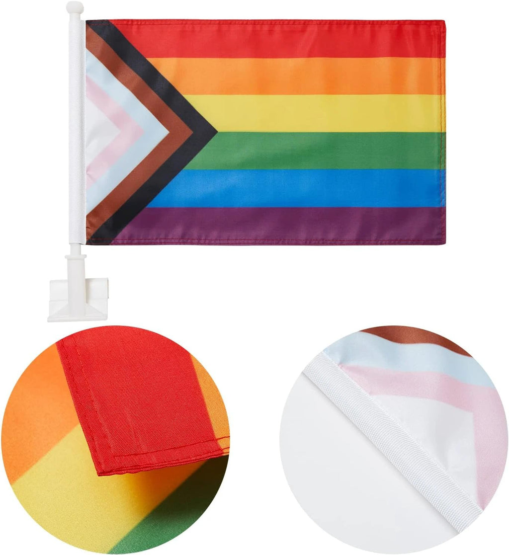 US Rainbow Flag Car Window Flag of Rainbow 11X18 Inch(28x46cm) 100% Polyester, Strong White Flagpole by flagsshop