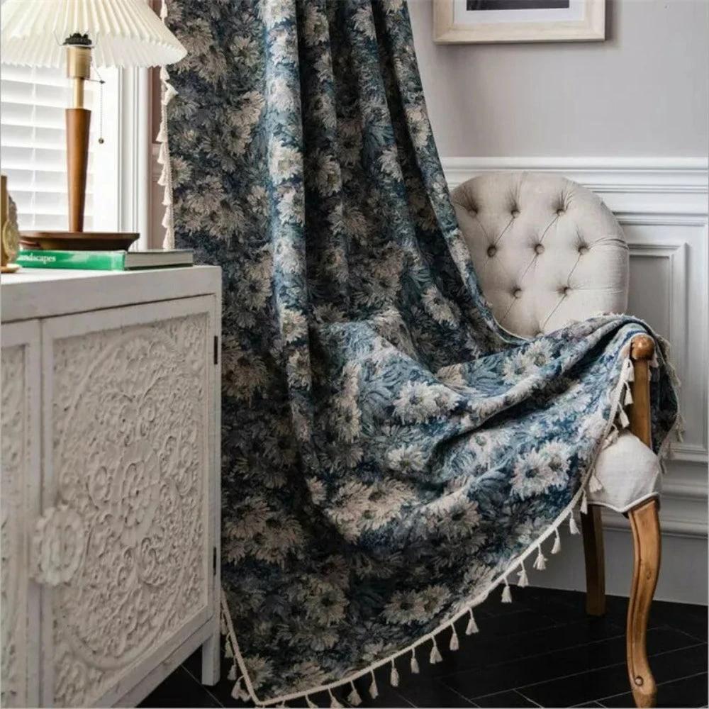 Navy Floral Tassel Curtains by Casa & Beyond