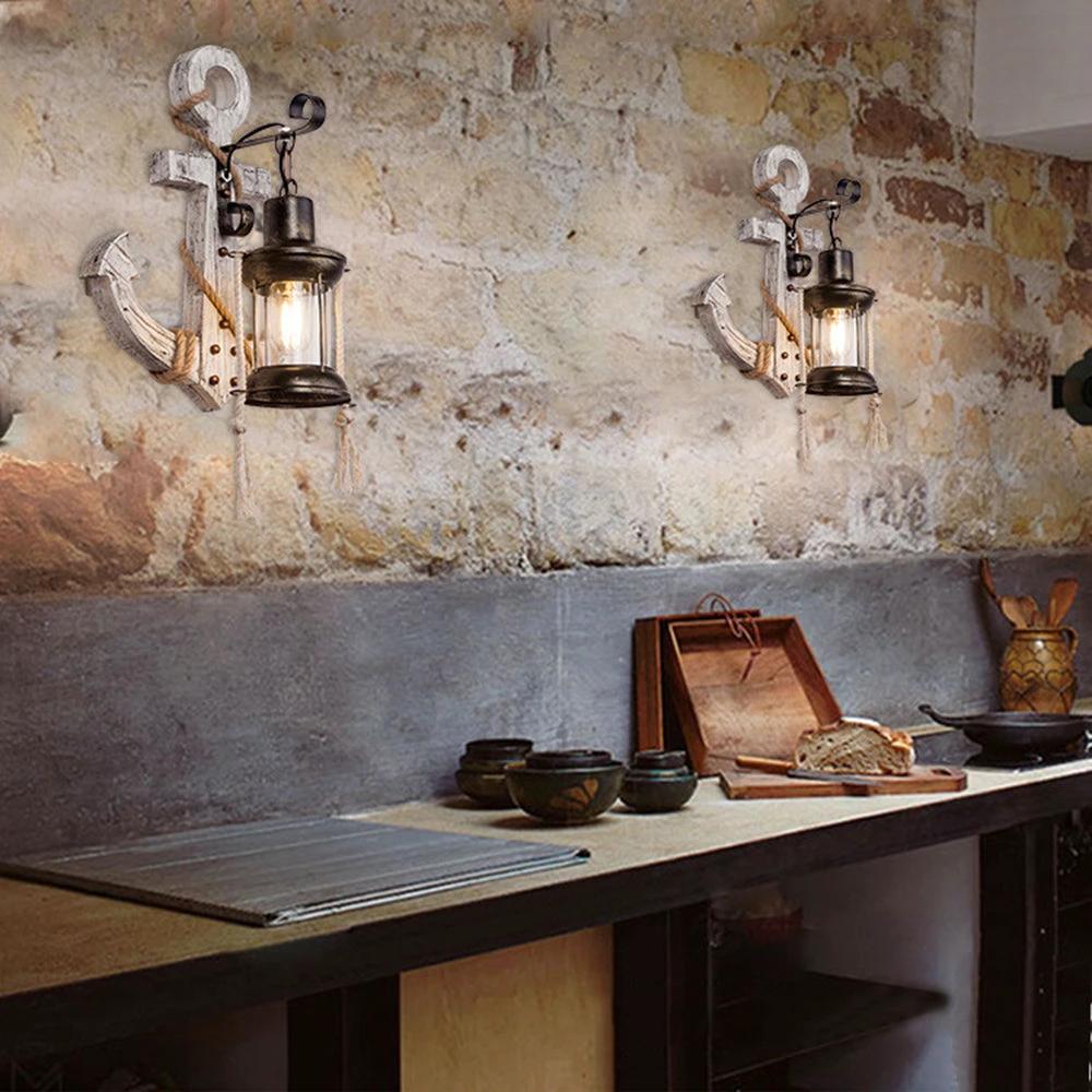 Rustic wood anchor wall lamp with lantern Bowlift by Bowlift