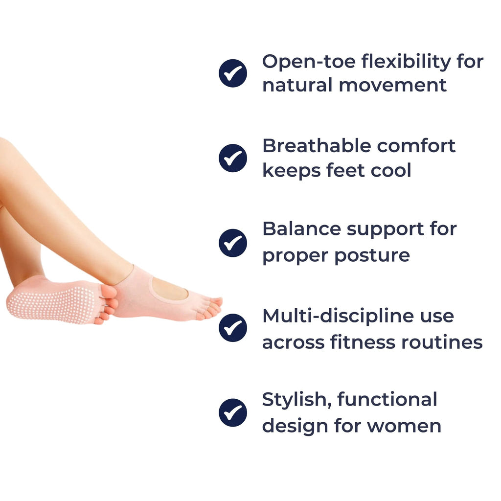 Slip Yoga Grip Socks – Open-Toe & Breathable – Rubberised Sole for Women – Stability Balance Comfort in Yoga & Pilates Bowlift by Bowlift