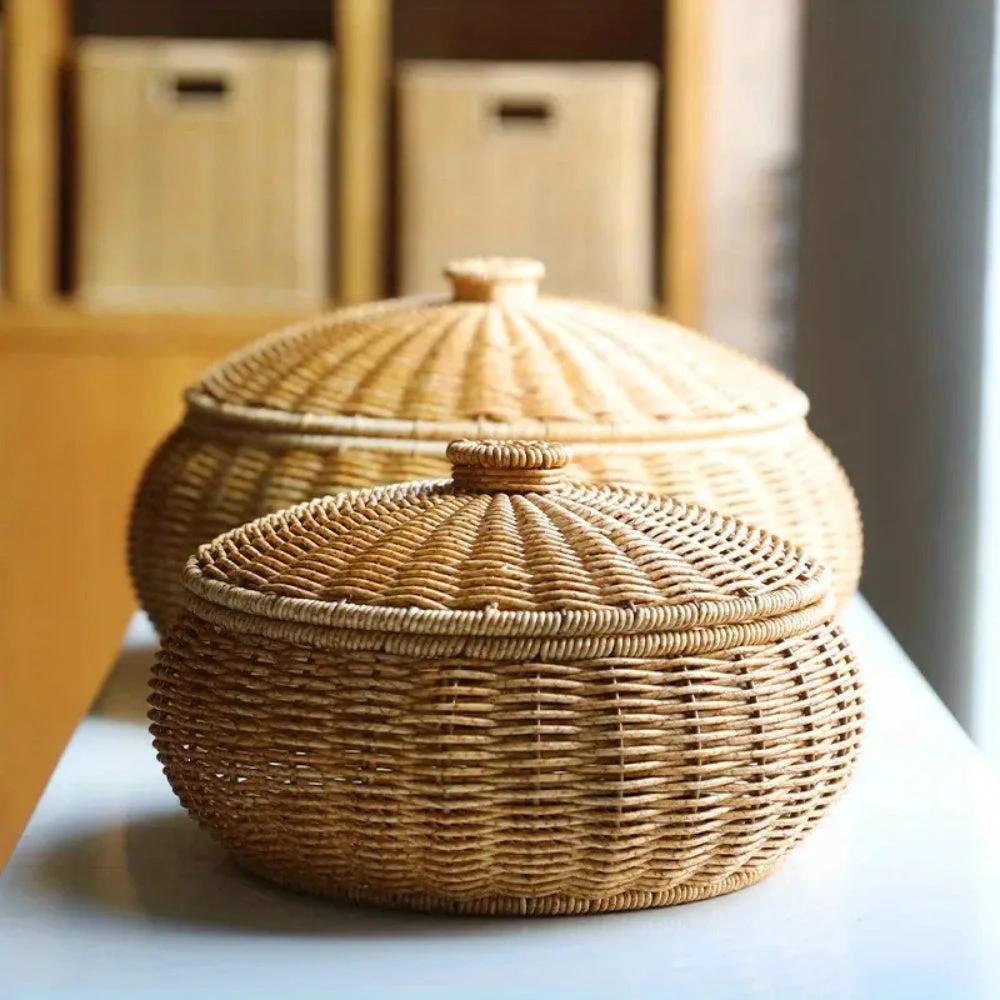 Dome-Shaped Knitted Rattan Basket with Lid by Casa & Beyond