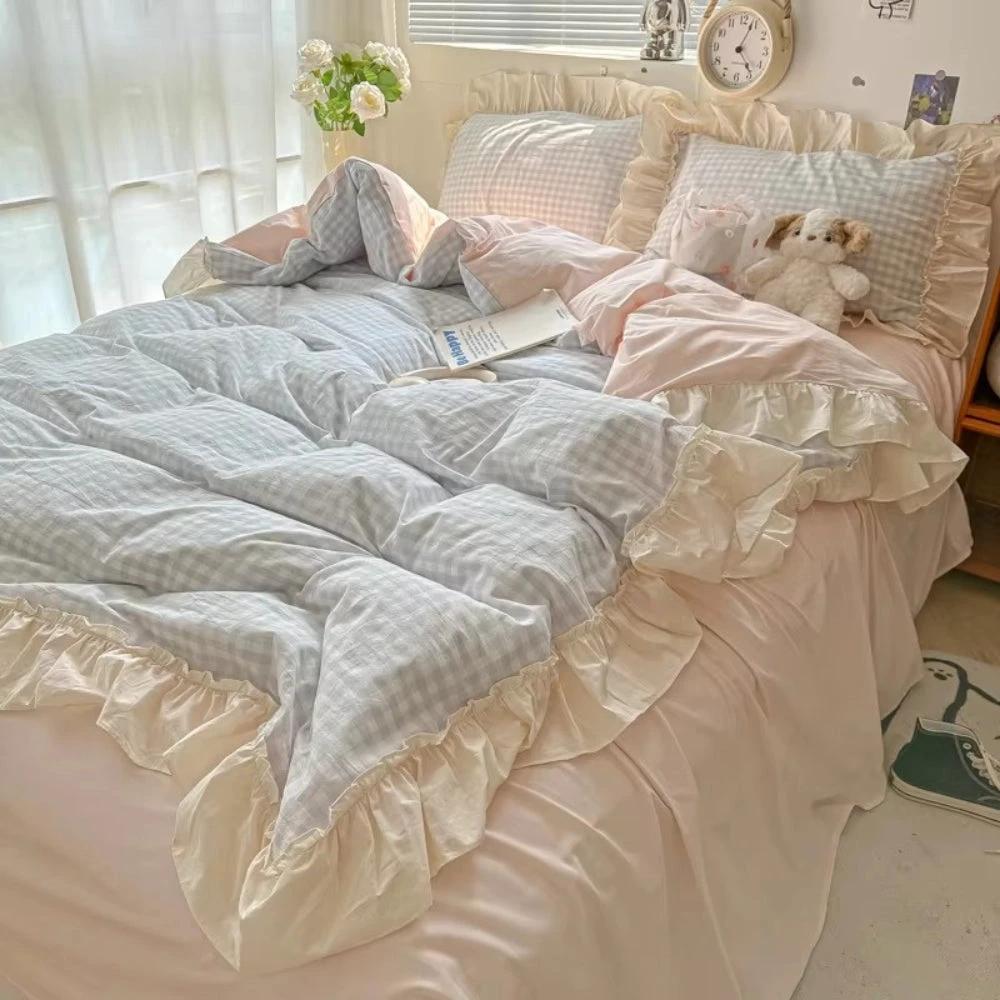 Gingham Check Ruffled Edges Bedding Set by Casa & Beyond