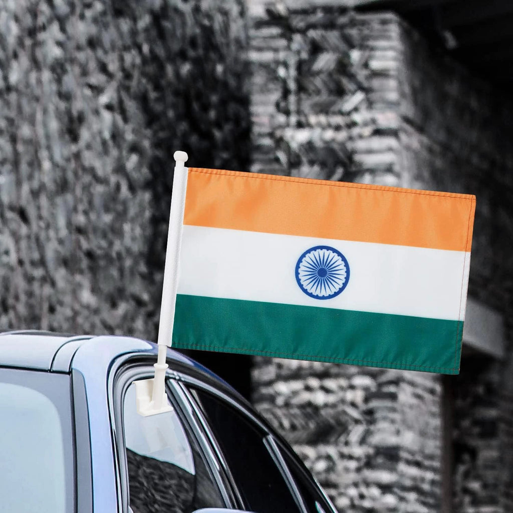 Indian Flag Car Window Flag of India 11X18 Inch(28x46cm) 100% Polyester, Strong White Flagpole by flagsshop