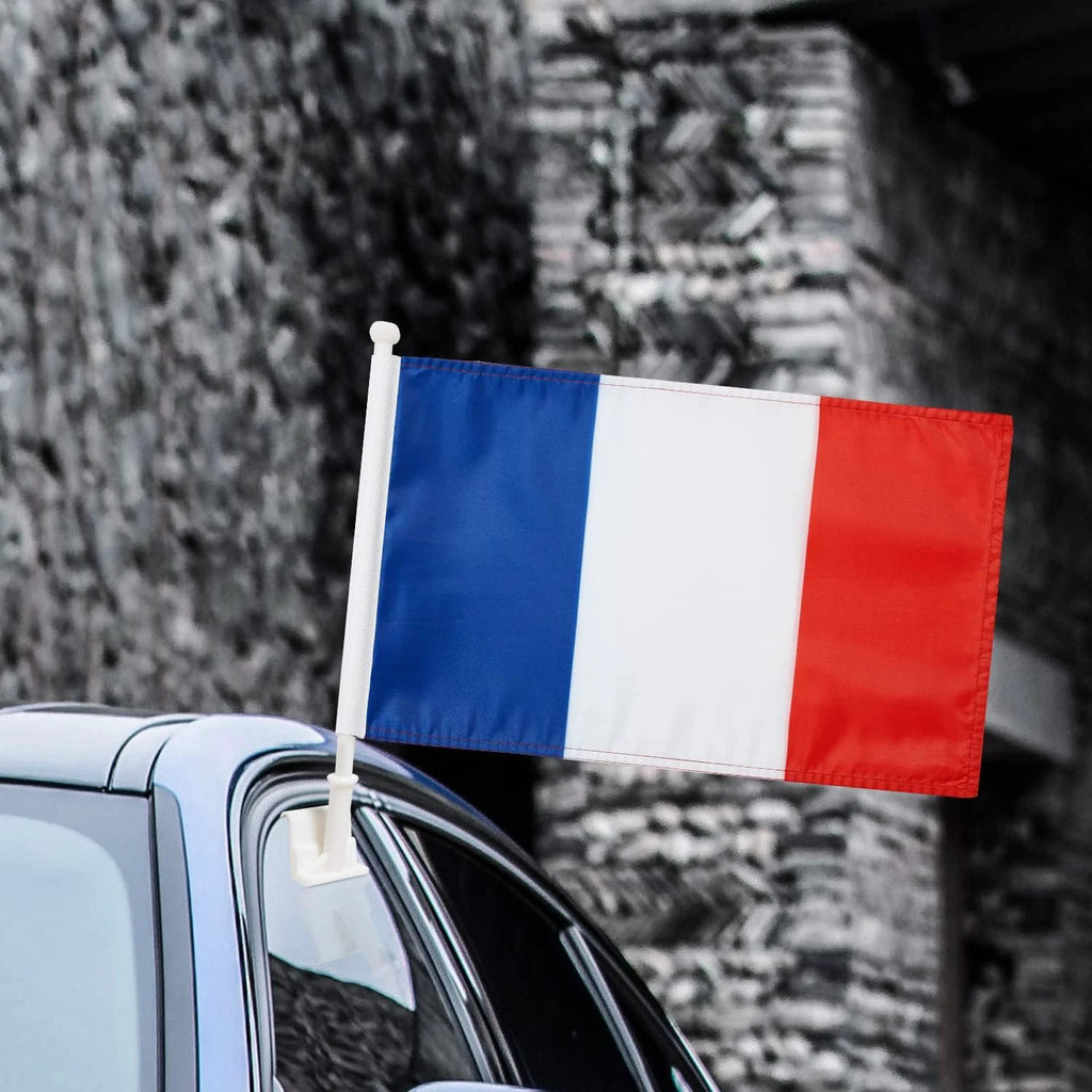 French Flag Car Window Flag of France 11X18 Inch(28x46cm) 100% Polyester, Strong White Flagpole by flagsshop