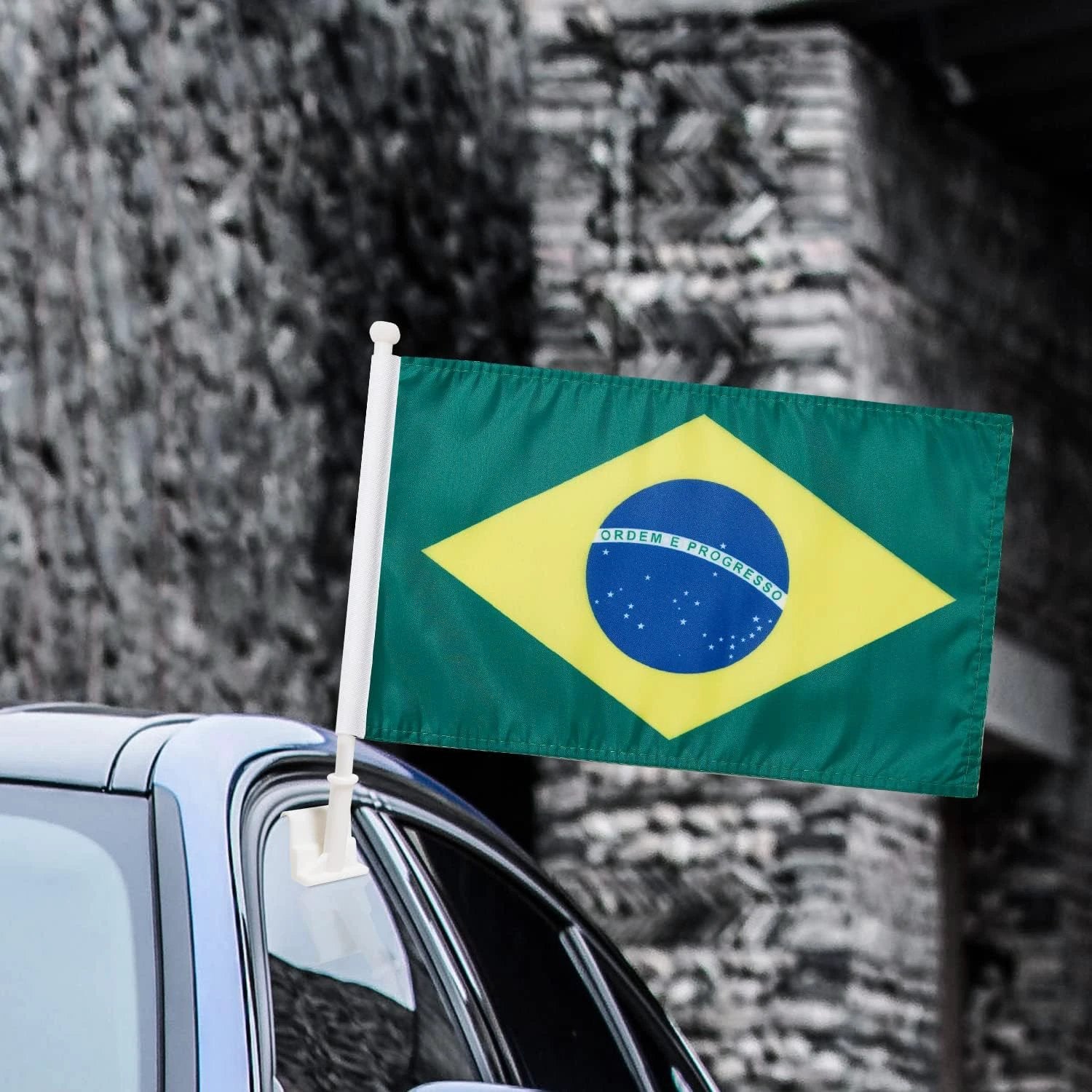 Brazilian Flag Car Window Flag of Brazil 11X18 Inch(28x46cm) 100% Polyester, Strong White Flagpole by flagsshop