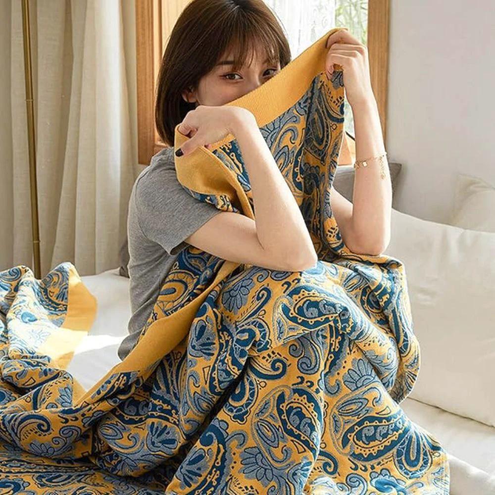 Azure Golden Retro Cotton Blanket by Casa & Beyond