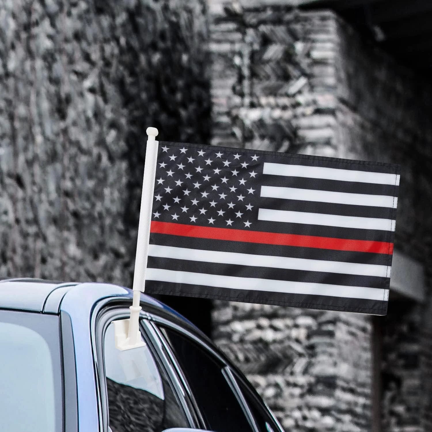 Thin Red Line flag Car Window Flag of US Police 11X18 Inch(28x46cm) 100% Polyester, Strong White Flagpole by flagsshop