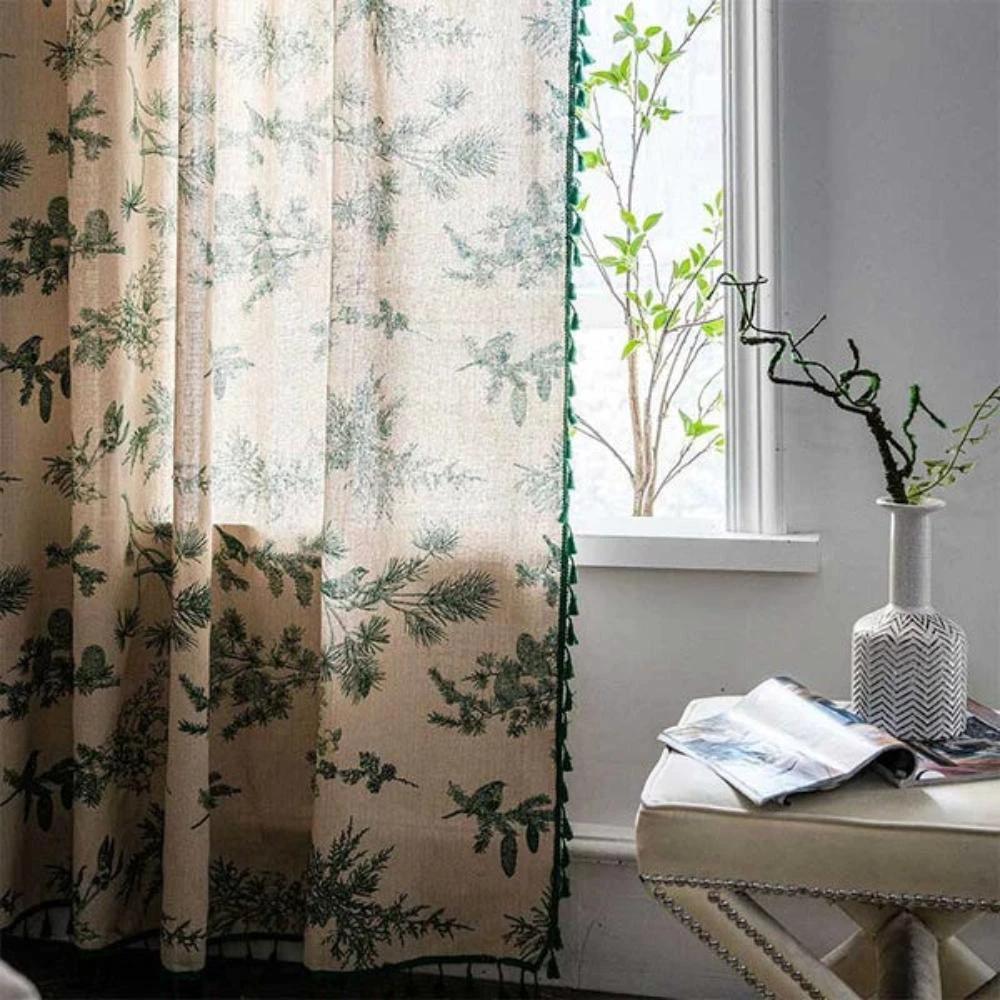 Green Pine Bird Pattern Tassel Curtain by Casa & Beyond
