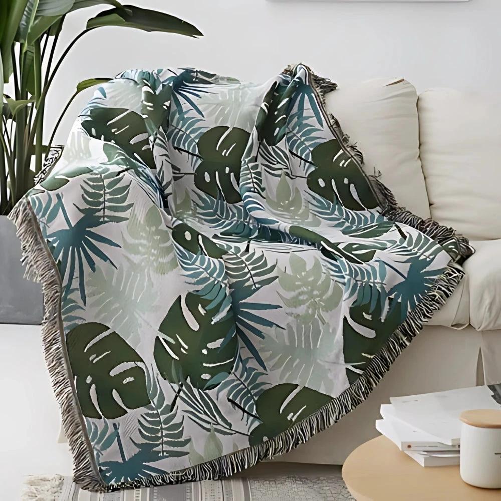 Palm Leaves Sofa Cover Tassel Blanket by Casa & Beyond