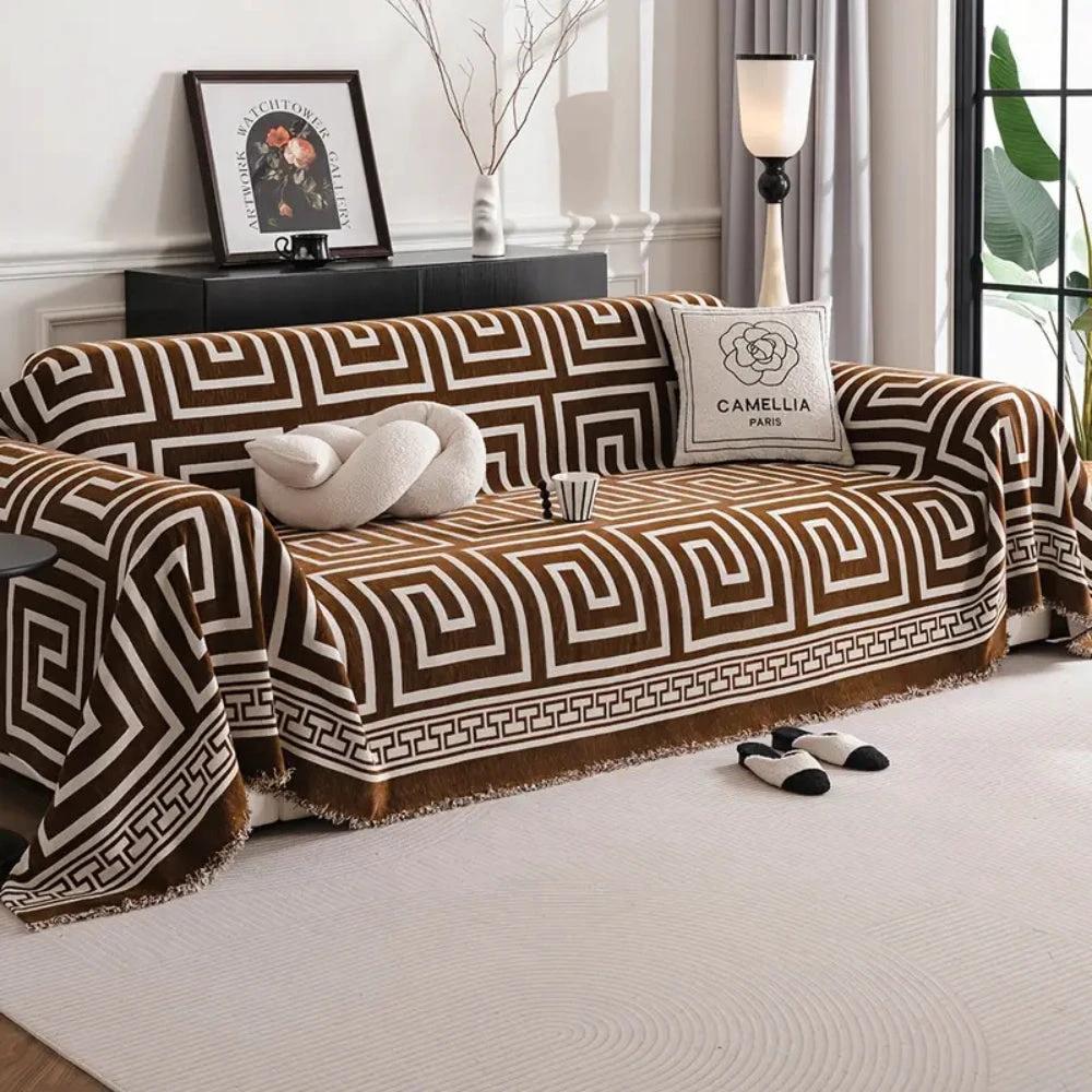 Meander Tassels Chenille Sofa Cover by Casa & Beyond
