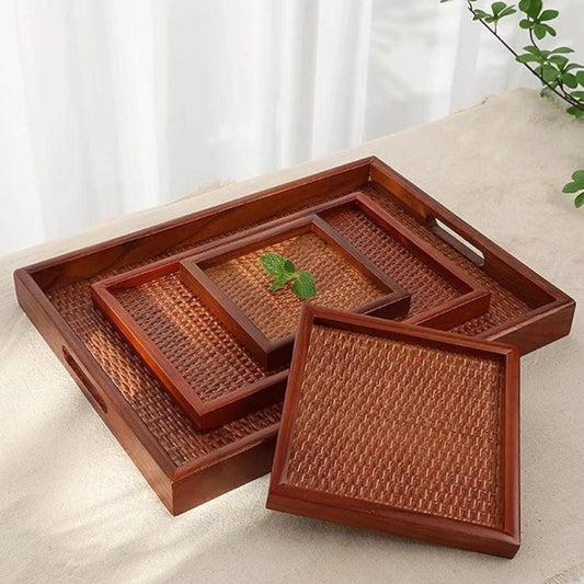 Artisanal Rattan Wooden Tea Tray by Casa & Beyond