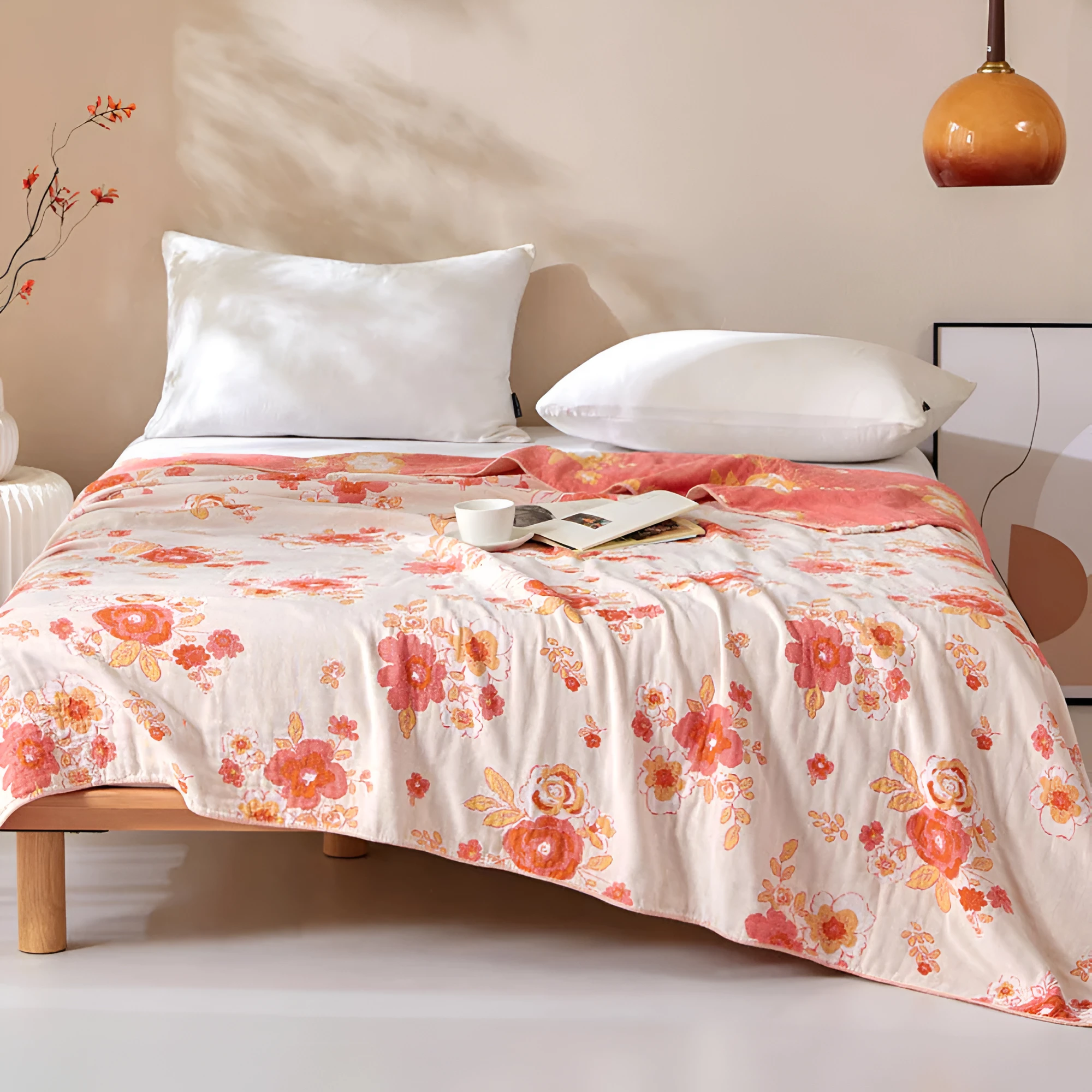 Blush Cotton Gauze Floral Blanket by Casa & Beyond