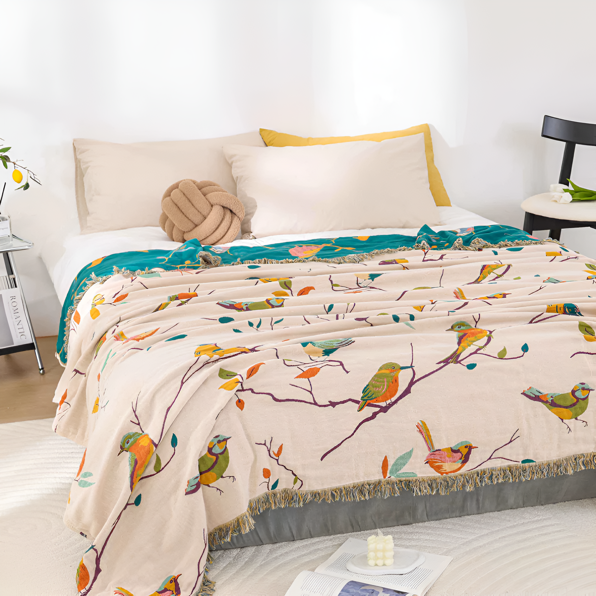 Whimsical Bird Tassel Cotton Blanket by Casa & Beyond