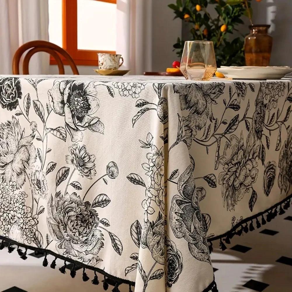 Black Floral Tasseled Farmhouse Tablecloth by Casa & Beyond