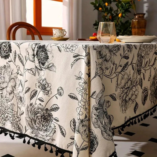 Black Floral Tasseled Farmhouse Tablecloth by Casa & Beyond