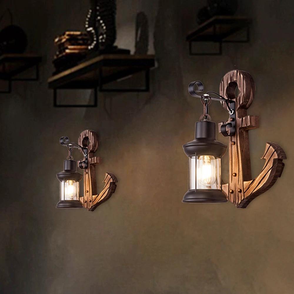 Rustic wood anchor wall lamp with lantern Bowlift by Bowlift
