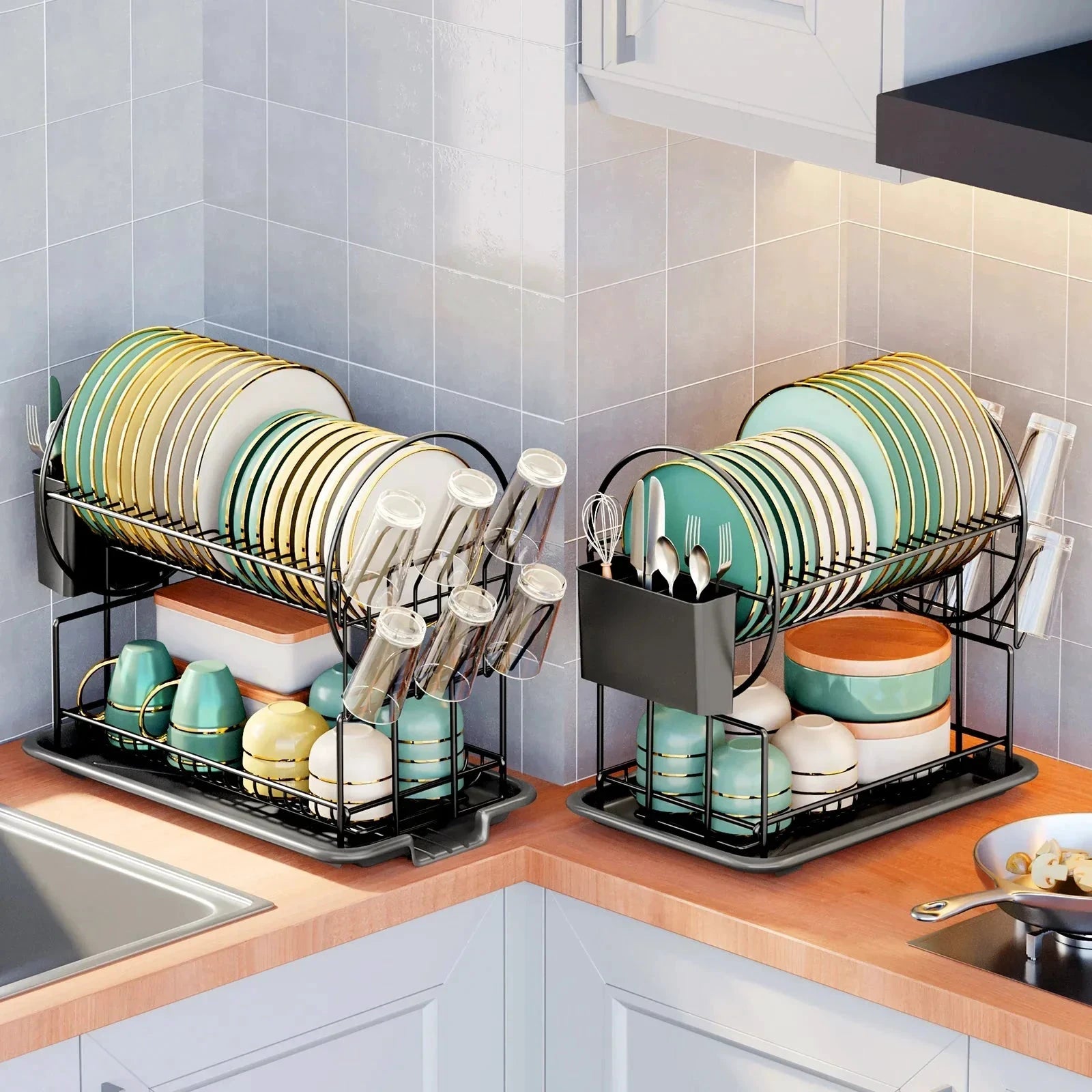 2 Tier Dish Drying Rack Drain Board Set Tableware Drainer Kitchen Rack by Bowlift