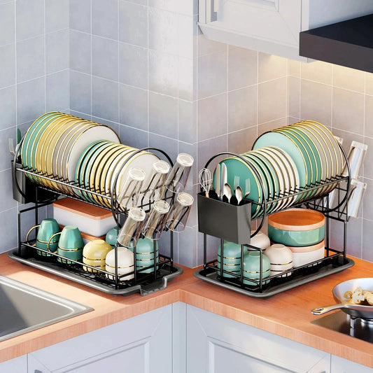 2 Tier Dish Drying Rack Drain Board Set Tableware Drainer Kitchen Rack by Bowlift