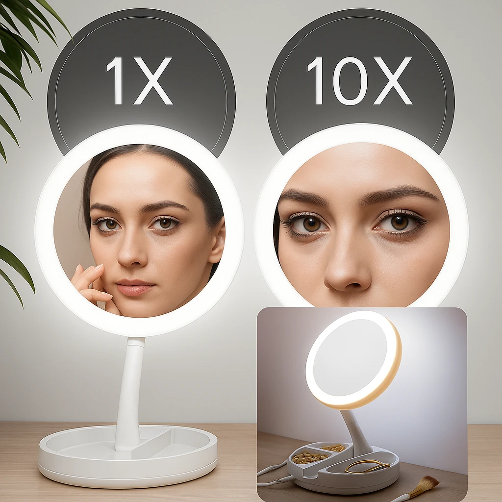 Sided Magnifying Mirror – LED Illumination – 10× Magnification – Makeup & Tweezing Bowlift by Bowlift