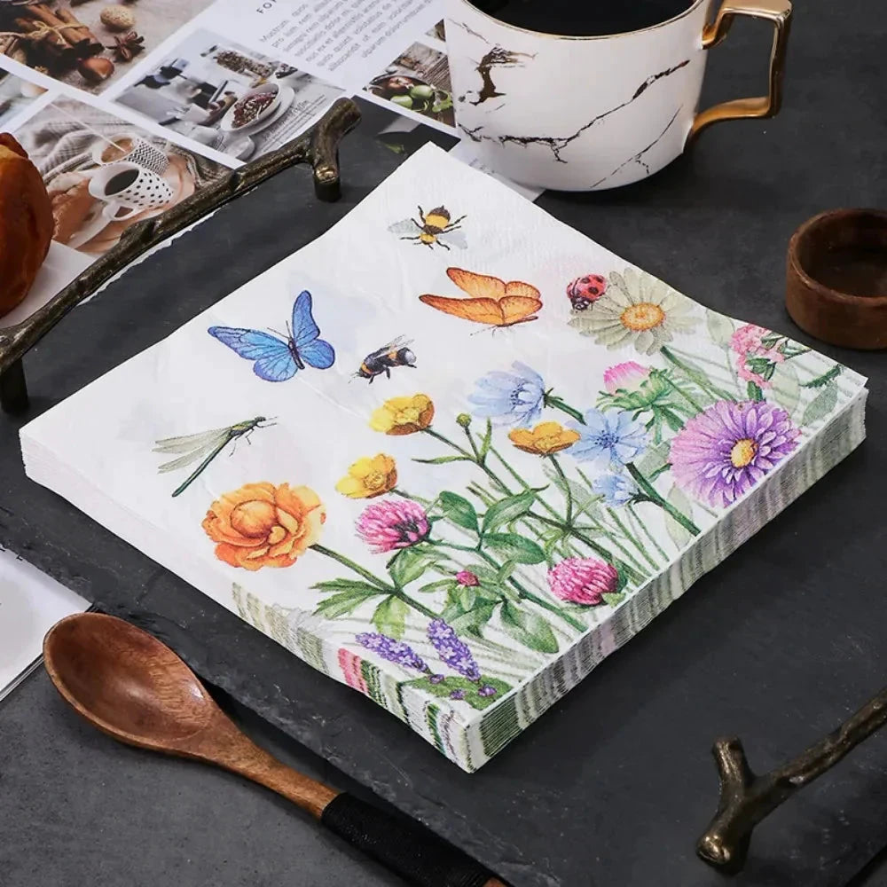 20pcs Napkins Paper Pastoral Style Bee Napkins Retro Rose Print Napkin by Bowlift