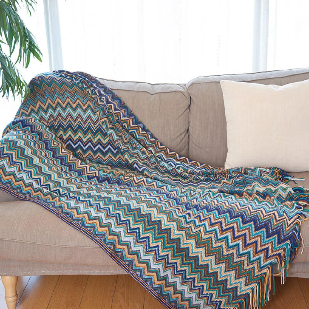 Multicolor Zigzag Tasseled Knit Throw by Casa & Beyond