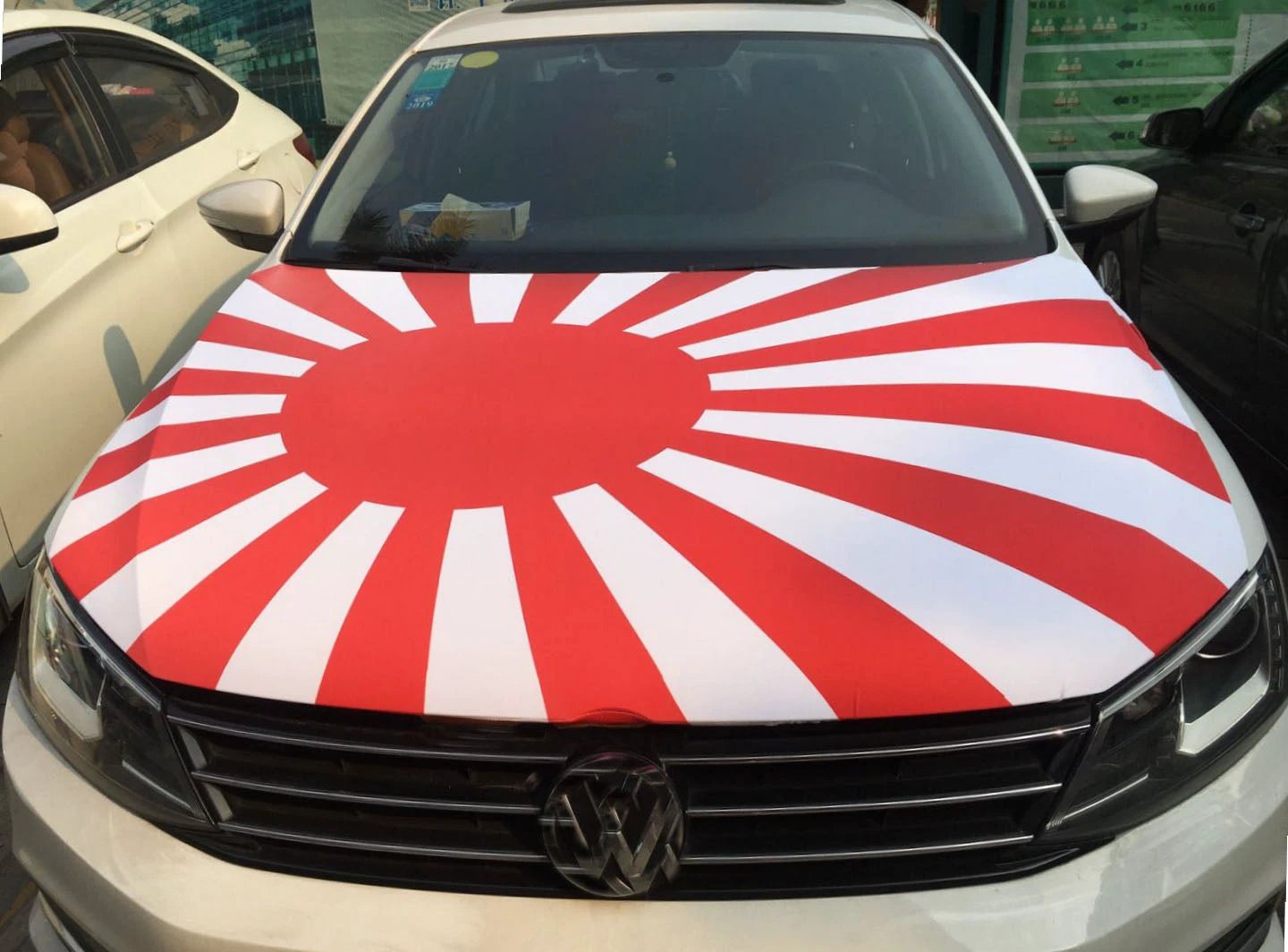 Rising Sun Flag Car Hood Cover Flag ,Japanese Military flag Engine Banner,3.3X5ft,6X7FT100% Polyester Elastic Fabrics Can be Washed by flagsshop