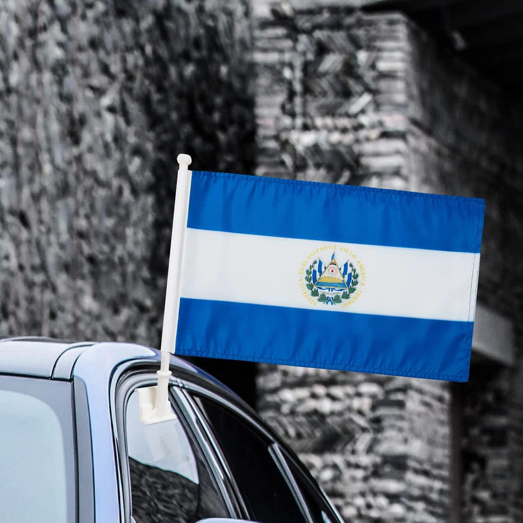 Car Window Flag of El Salvador 11X18 Inch(28x46cm) 100% Polyester, Strong White Flagpole by flagsshop