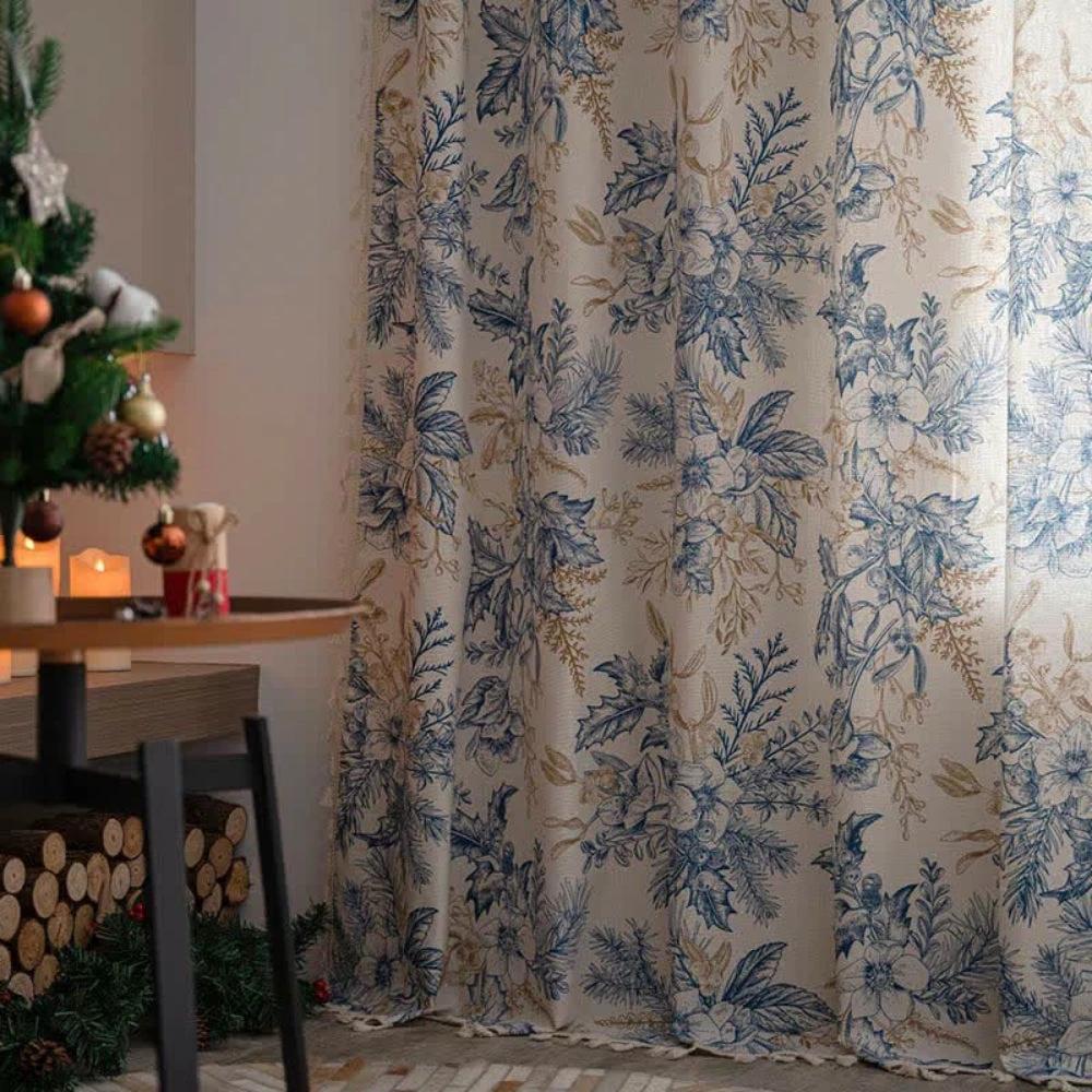Farmhouse Botanical Blue Floral Curtain by Casa & Beyond
