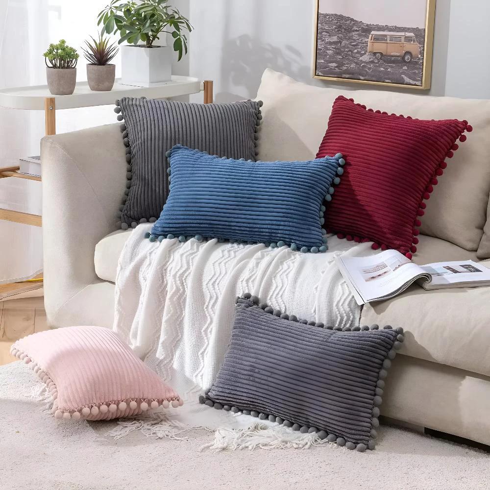 Plush Ribbed Pom-Pom Cushion Cover by Casa & Beyond