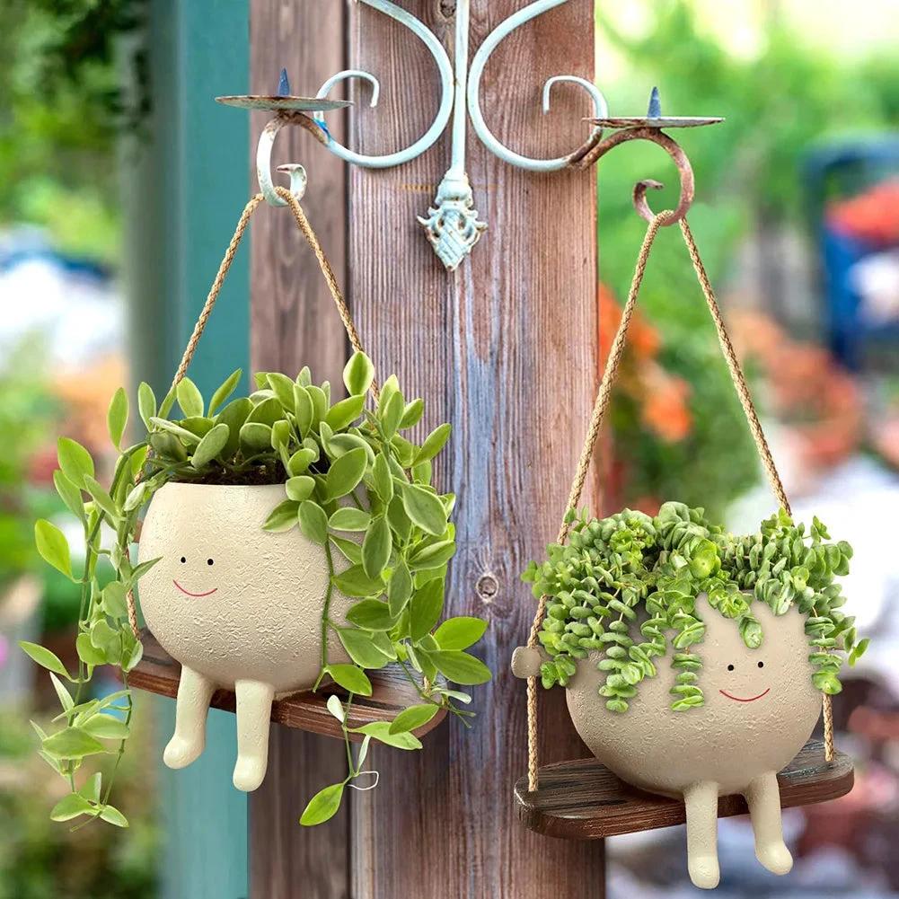 Swinging Face Planter Flower Pot - Resin Head Flower Pot for Indoor/Outdoor Plants Bowlift by Bowlift