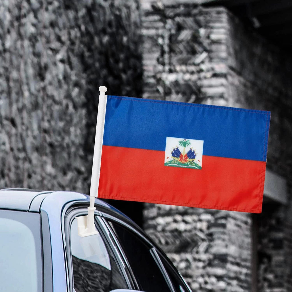 Haitian flag Car Window Flag of Haiti 11X18 Inch(28x46cm) 100% Polyester, Strong White Flagpole by flagsshop