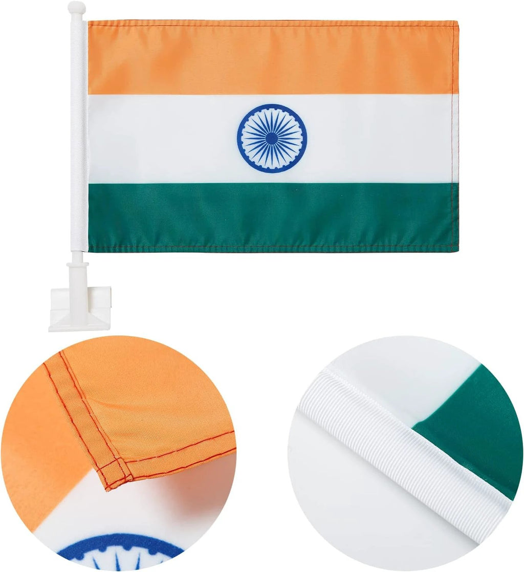 Indian Flag Car Window Flag of India 11X18 Inch(28x46cm) 100% Polyester, Strong White Flagpole by flagsshop