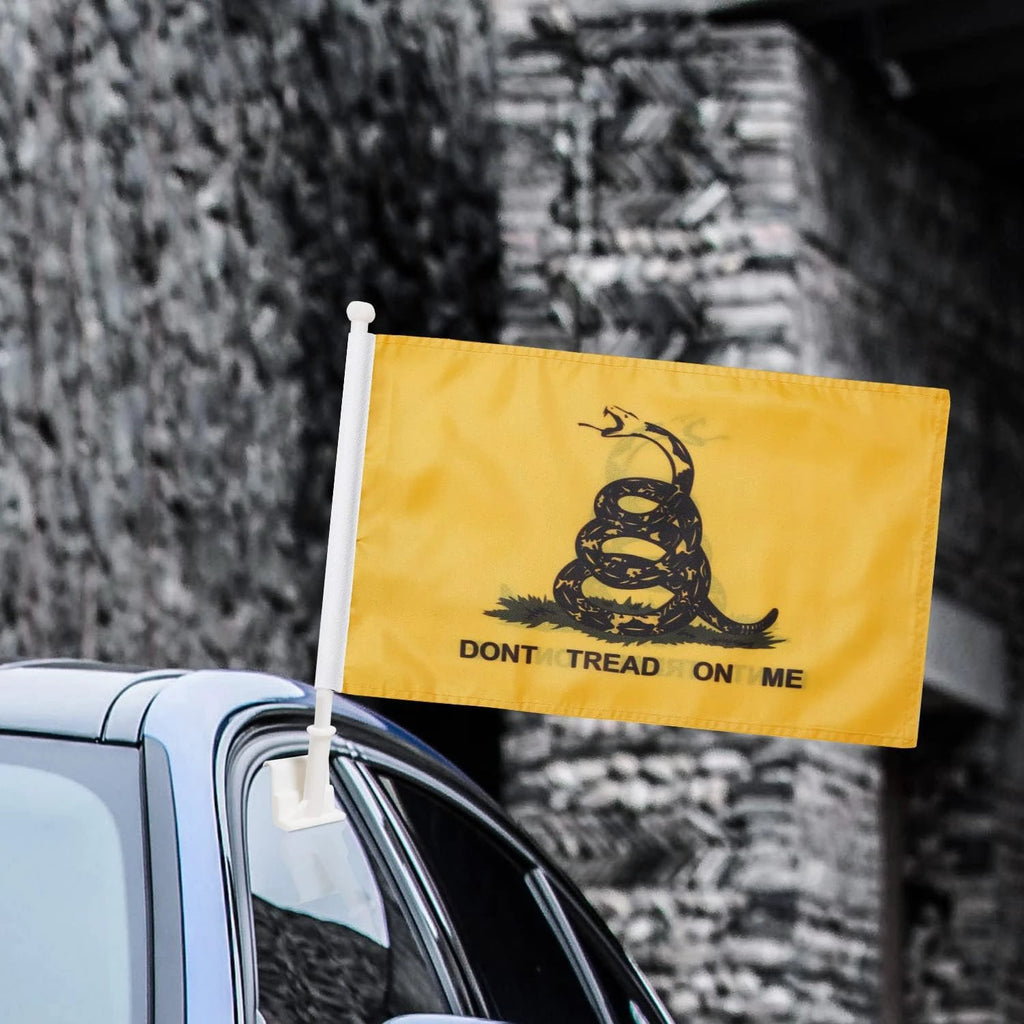 Dont Tread On Me Flag Car Window Flag Tea Party Flag 11X18Inch(28x46cm) 100% Polyester, Strong White Flagpole by flagsshop