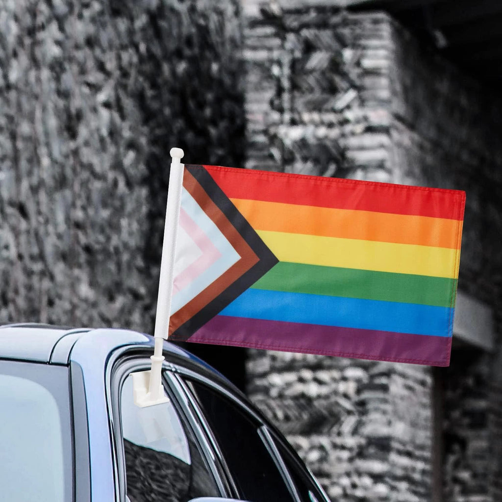 US Rainbow Flag Car Window Flag of Rainbow 11X18 Inch(28x46cm) 100% Polyester, Strong White Flagpole by flagsshop