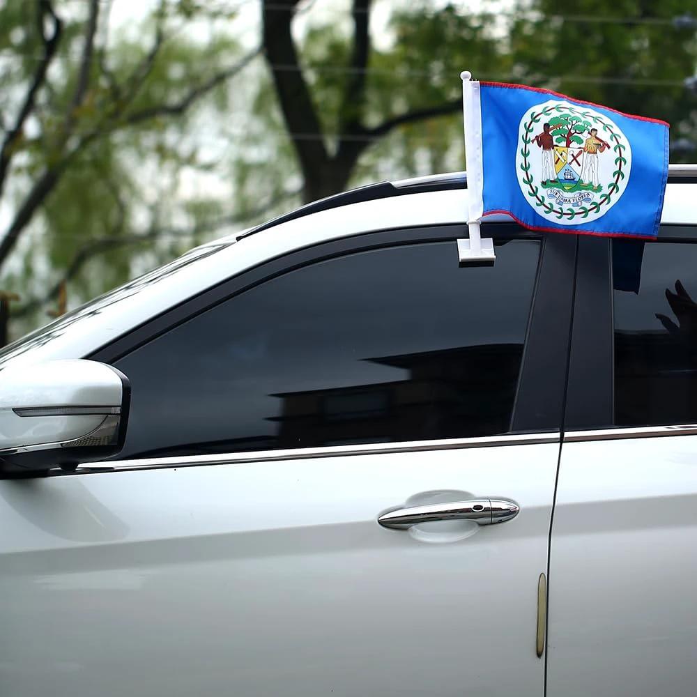 Car Window Flag of Belize 11X18 Inch(28x46cm) 100% Polyester, Strong White Flagpole by flagsshop