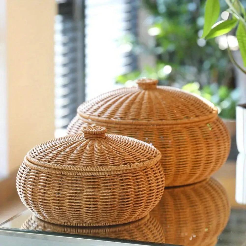 Dome-Shaped Knitted Rattan Basket with Lid by Casa & Beyond