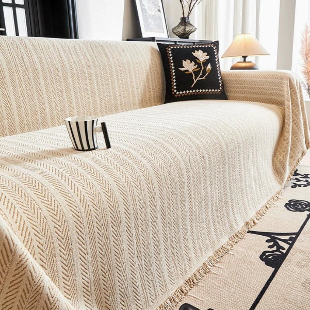 Herringbone Chenille Tassels Sofa Cover by Casa & Beyond