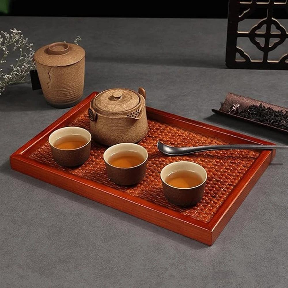 Artisanal Rattan Wooden Tea Tray by Casa & Beyond