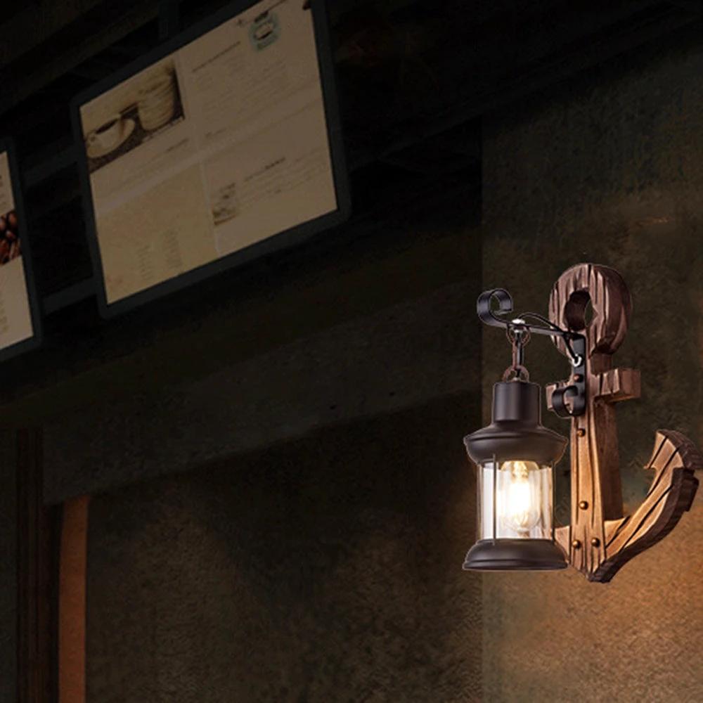 Rustic wood anchor wall lamp with lantern Bowlift by Bowlift
