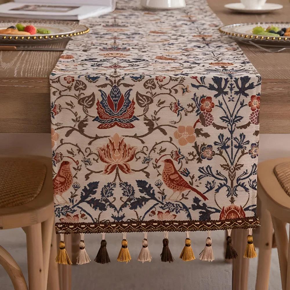 Vintage Floral & Bird Jacquard Table Runner by Casa & Beyond