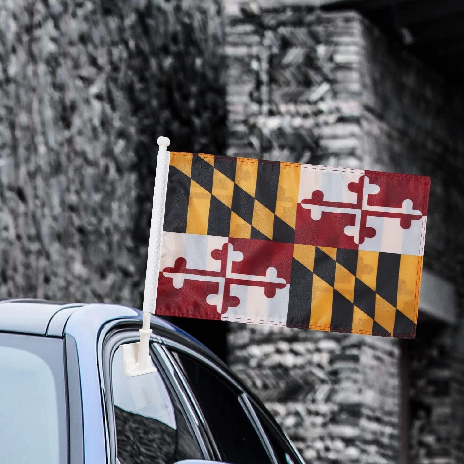 Maryland State Flag Car Window Flag of Maryland 11X18 Inch(28x46cm) 100% Polyester, Strong White Flagpole by flagsshop