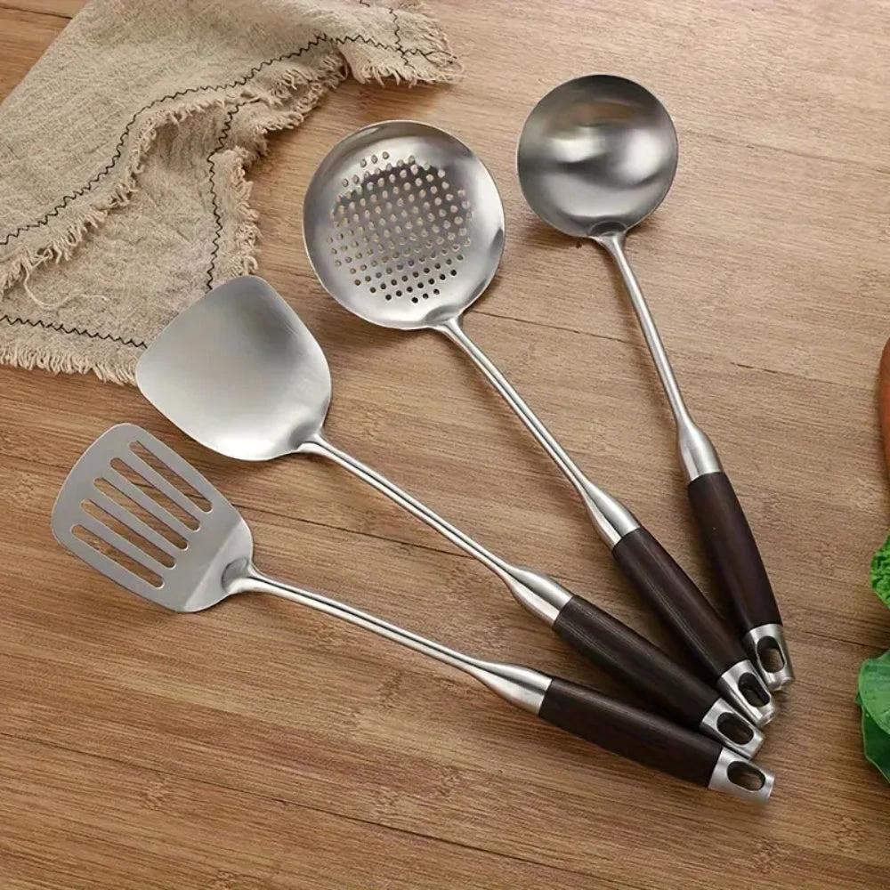 Gleaming Stainless Steel Wooden Utensils | 6Pcs Set by Casa & Beyond