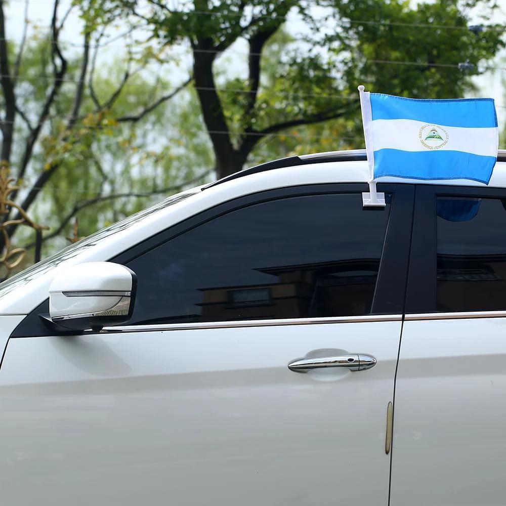 Car Window Flag of Nicaragua 11X18 Inch(28x46cm) 100% Polyester, Strong White Flagpole by flagsshop